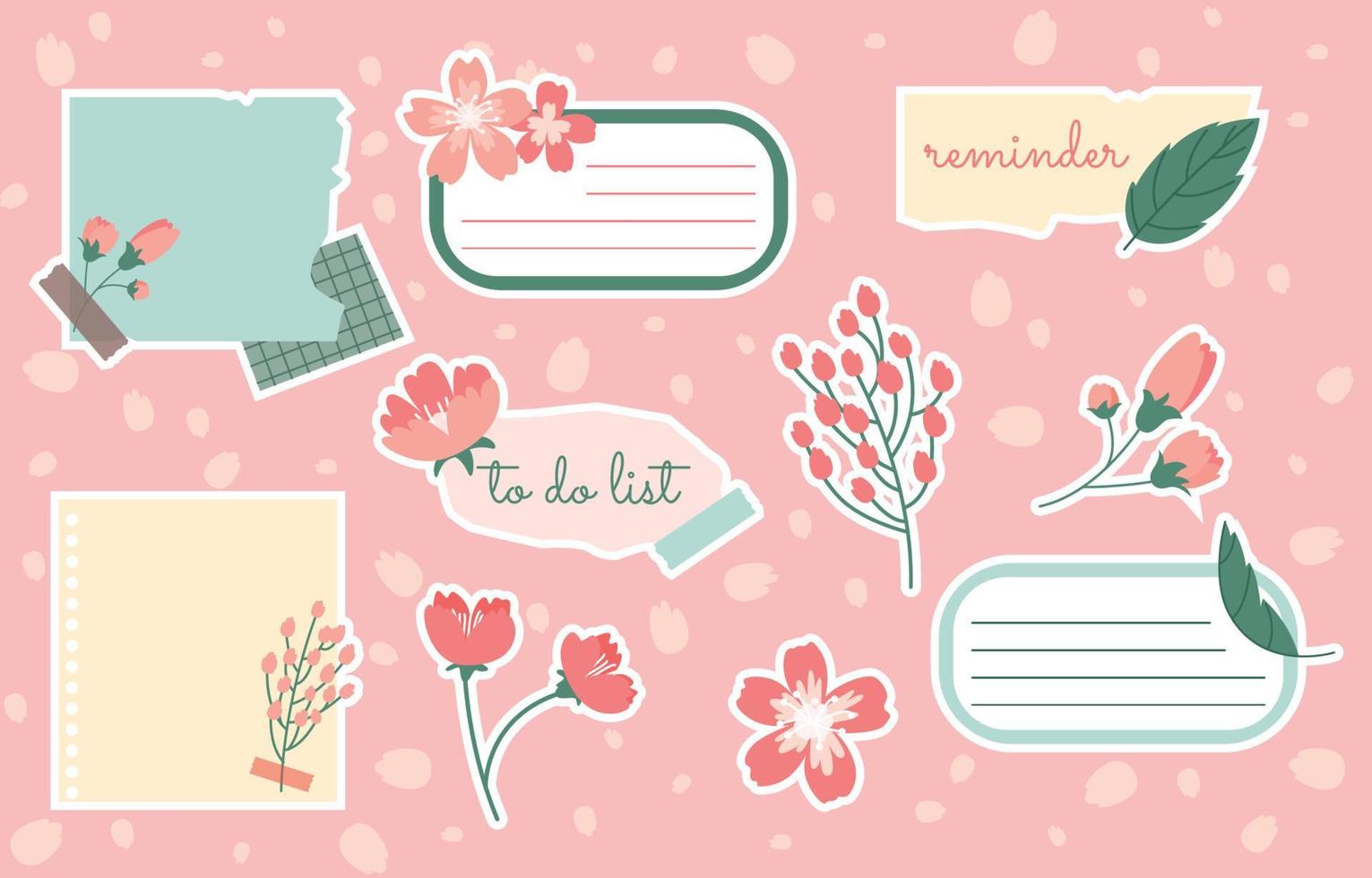 conjunto de pegatinas de diario de flor de cerezo de primavera vector