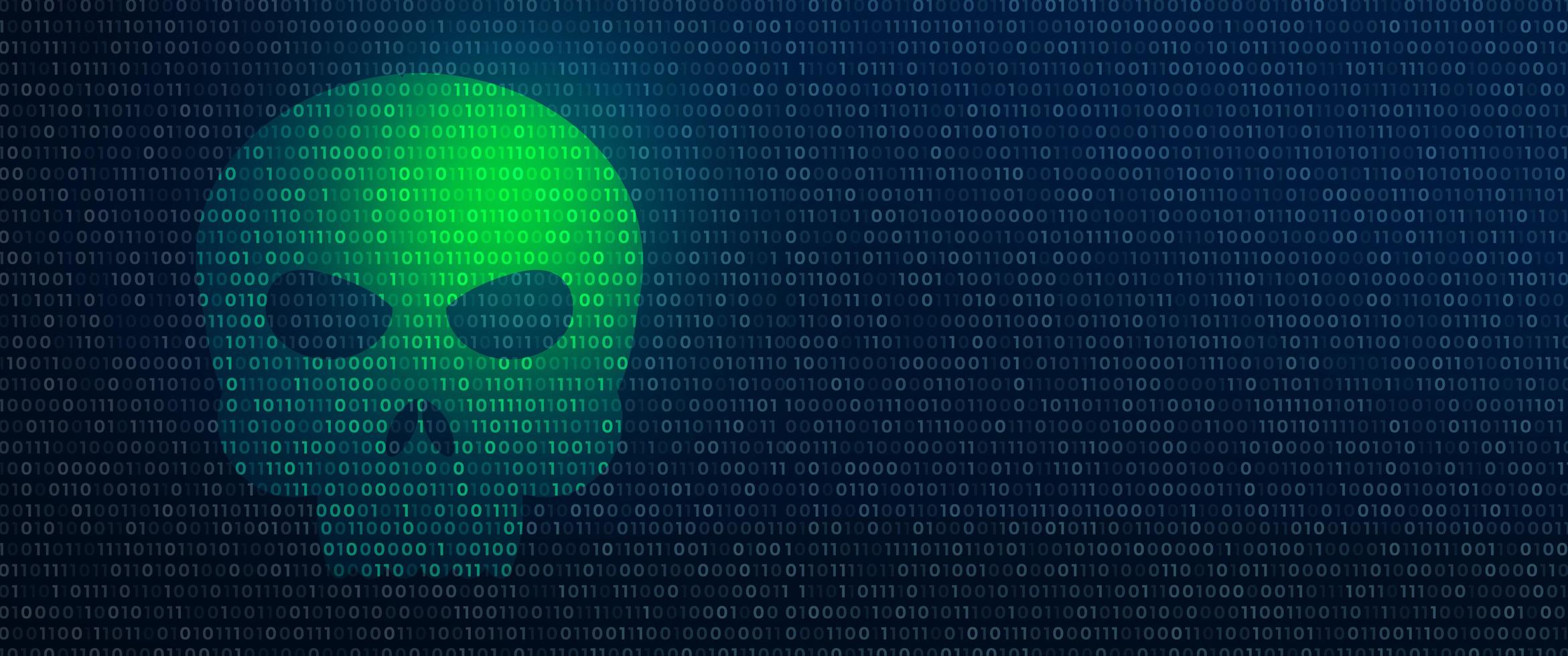 Binary background with Human skull. Cyber attack and Network Security Concept. photo