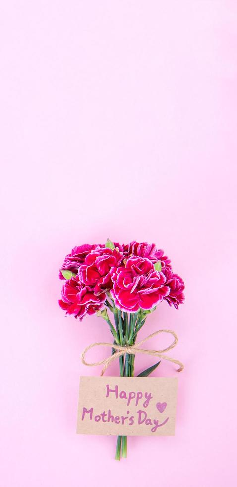 May mothers day idea concept photography - Beautiful blooming carnations tied by bow with kraft text card isolated on bright modern table, copy space, flat lay, top view photo