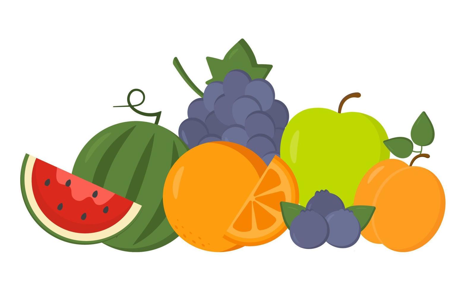 Collection of cute fresh fruits. Vegetarian food. Proper nutrition. Melone, grape, apple, blueberry, appricote, lemon, orange. Healthy lifestyle illustration for print, web. Trendy summer fruits. vector