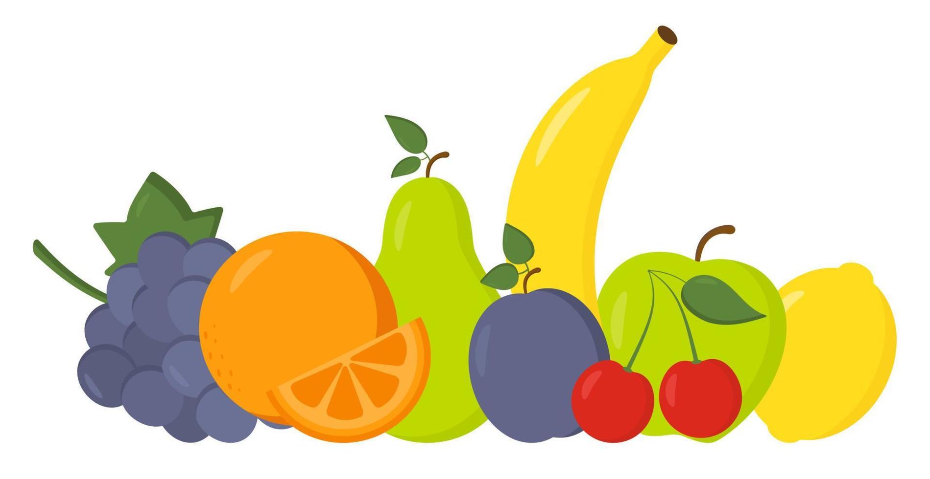 Set of cute fresh fruits. Vegetarian food. Proper nutrition. Banana, cherry, grape, apple, pear, lemon, orange. Healthy lifestyle illustration for print, web. Trendy summer fruits collection. vector