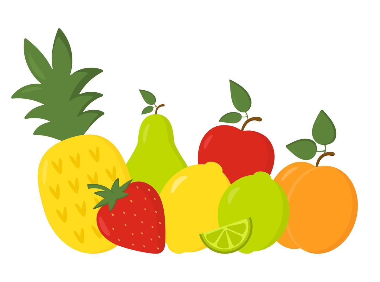 Collection of cute funny summer fruits and berries. Pineapple, cherry, strawberry, lemon, orange, pear. Design elements for kid's stationery, textiles, educational materials. vector