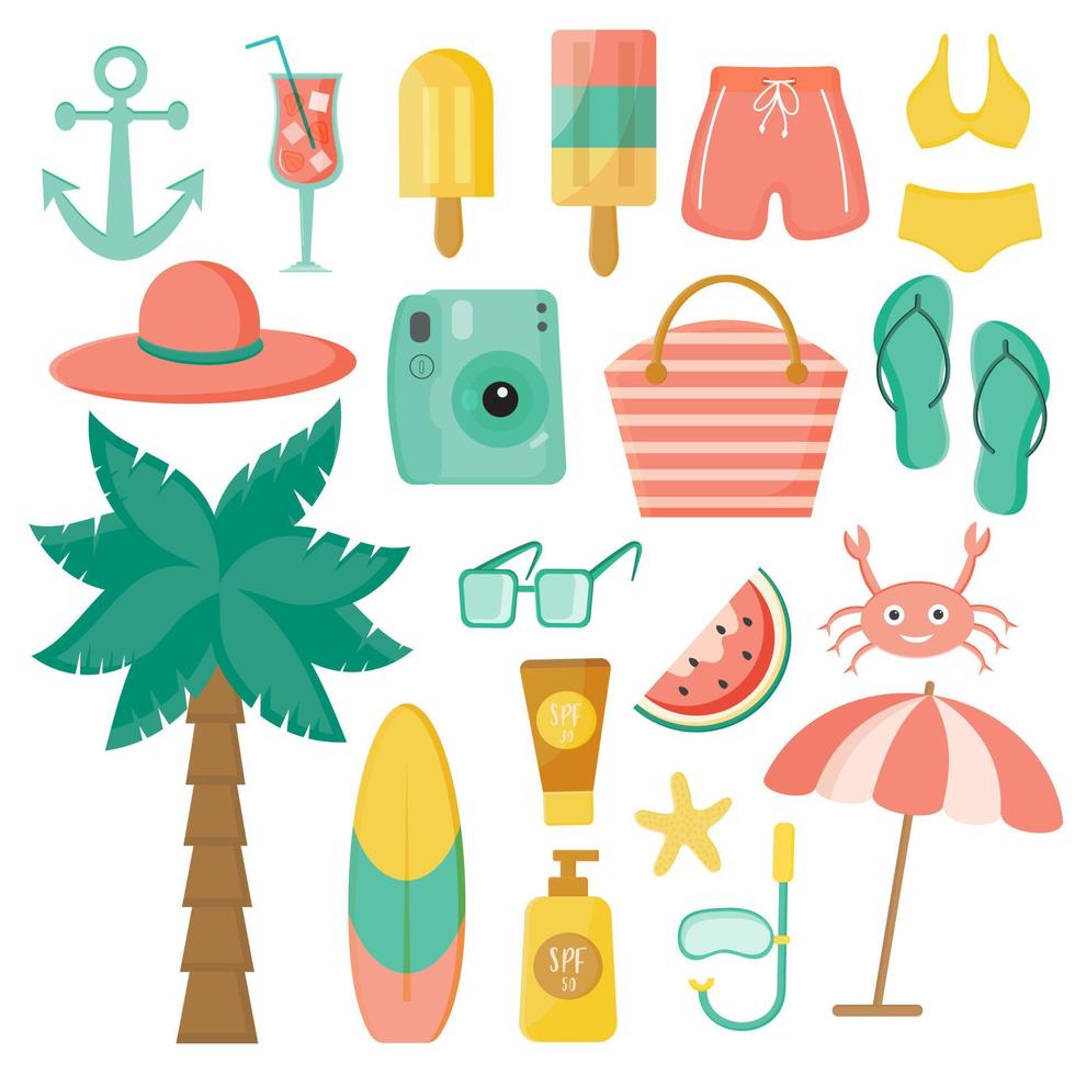 conjunto de lindos elementos de verano con atributos de playa palmera, chanclas, helado, sandía, tabla de surf. colección de imágenes sobre el tema del mar, descanso, vacaciones. vector