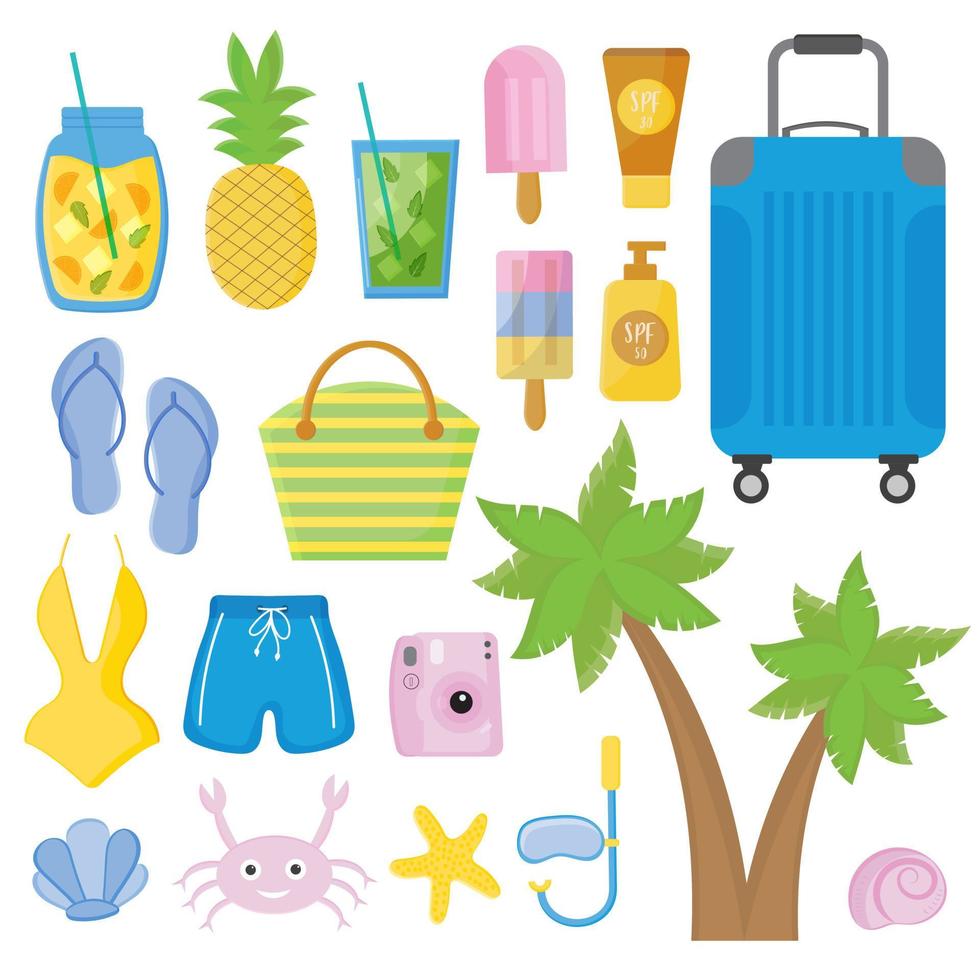 Vector summertime set with summer items palm tree, swimsuit, beach attributes, lemonade. Collection of elements on the theme of the beach, summer vacation. Suitable for stickers, scrapbooking.