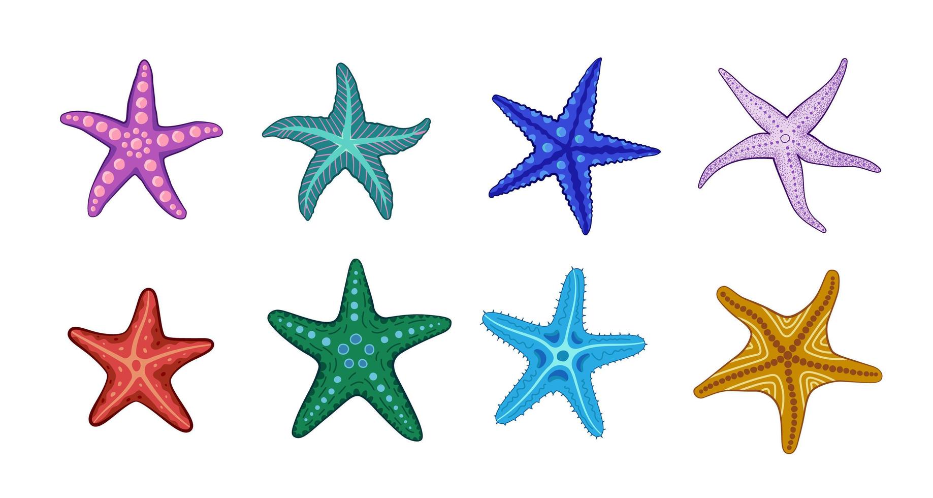 Starfish in different style and colors. Colorful and cute. vector