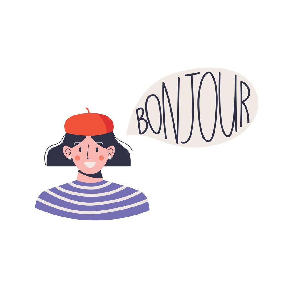 una joven sonriente dice bonjour. Mujer francés. ilustración vectorial plana vector