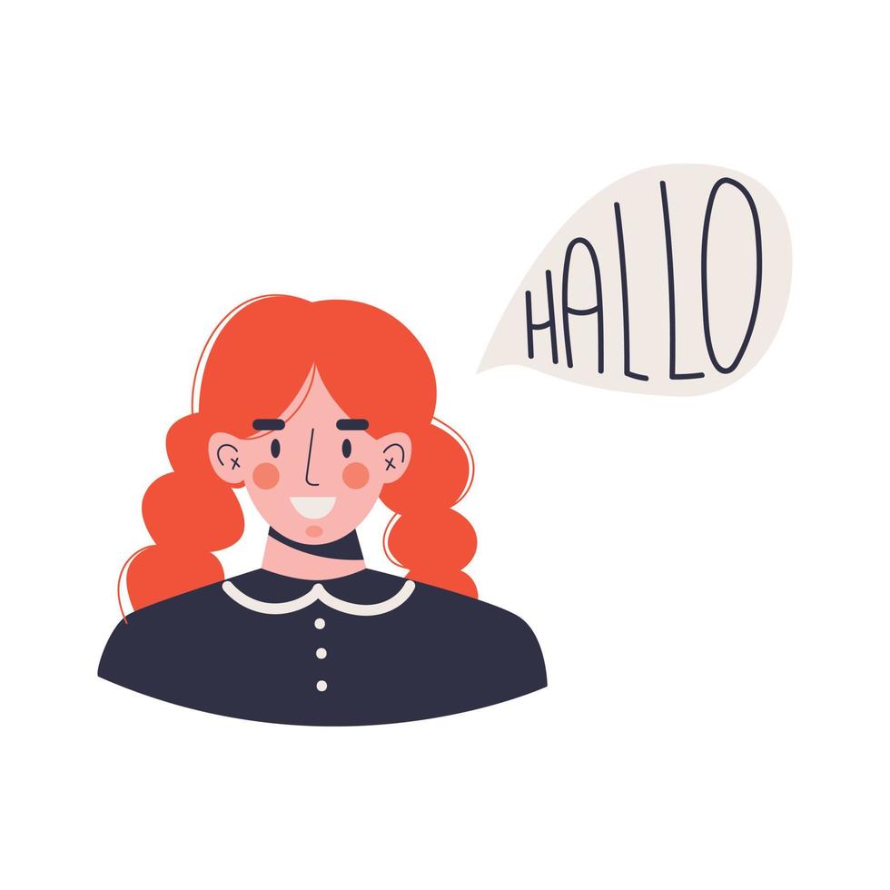 A young smiling woman says hello in German language. Woman speaks German. Flat vector illustration