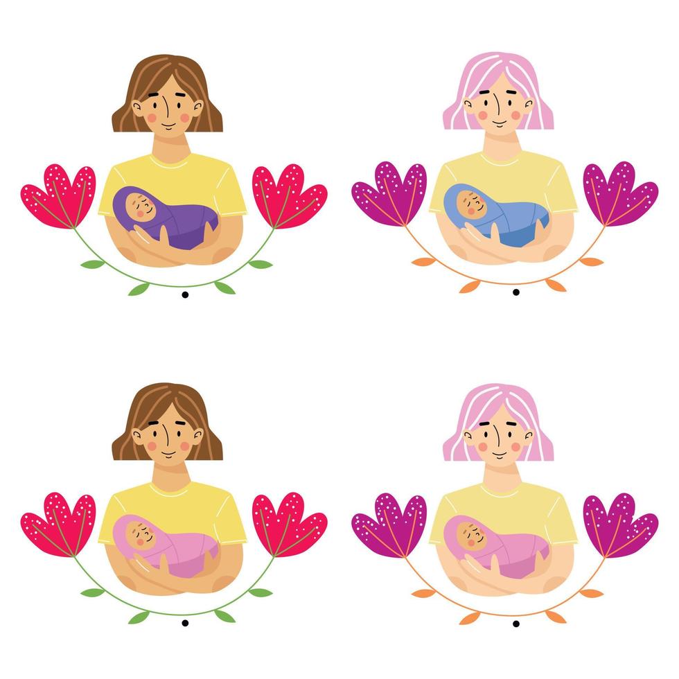 Mother holding baby son or daughter in arms. Mother and newborn son or daughter. Use for greeting card, poster, banner. Floral background. Vector illustration.