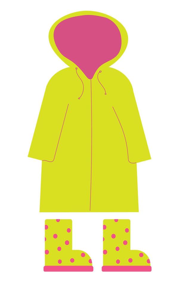 Spring outerwear. Cartoon children seasonal spring, summer, autumn clothes. Waterproof raincoat with hood, raincoat, rubber boots with polka dots. Vector simple set of colored clothes for boy and girl