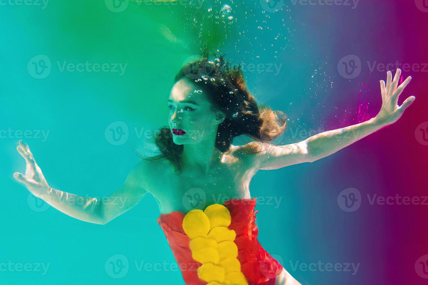 Surreal portrait of young attractive woman with air bubbles underwater in colorful water with ink in the swimming pool photo