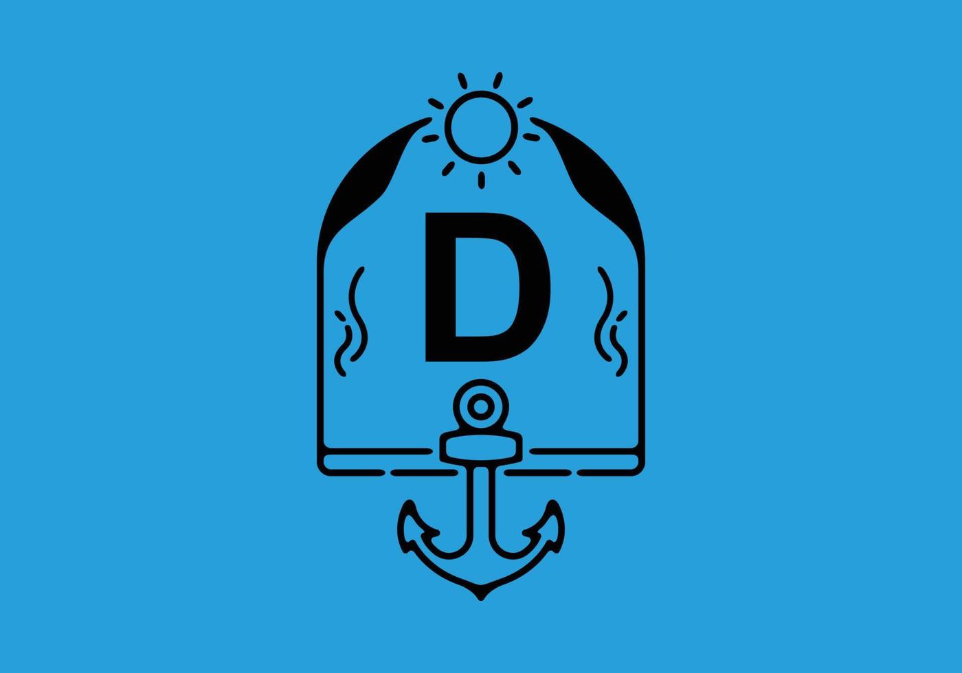 Black line art illustration of D initial letter in anchor frame vector