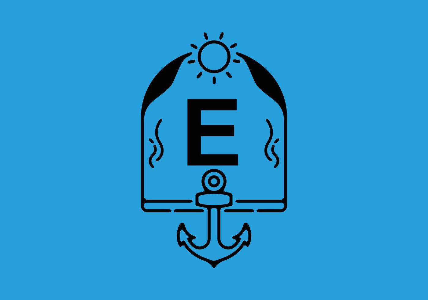 Black line art illustration of E initial letter in anchor frame vector