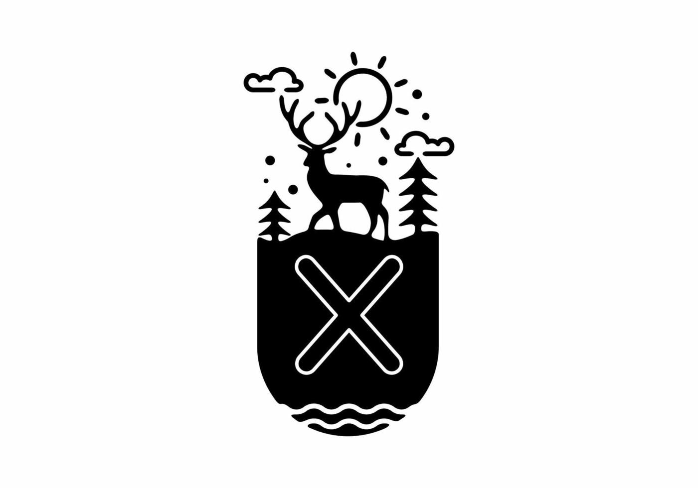 Black line art illustration of deer badge with X initial name in the middle vector