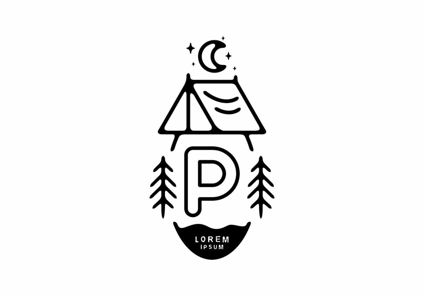 Black line art illustration of camping tent badge with P letter vector