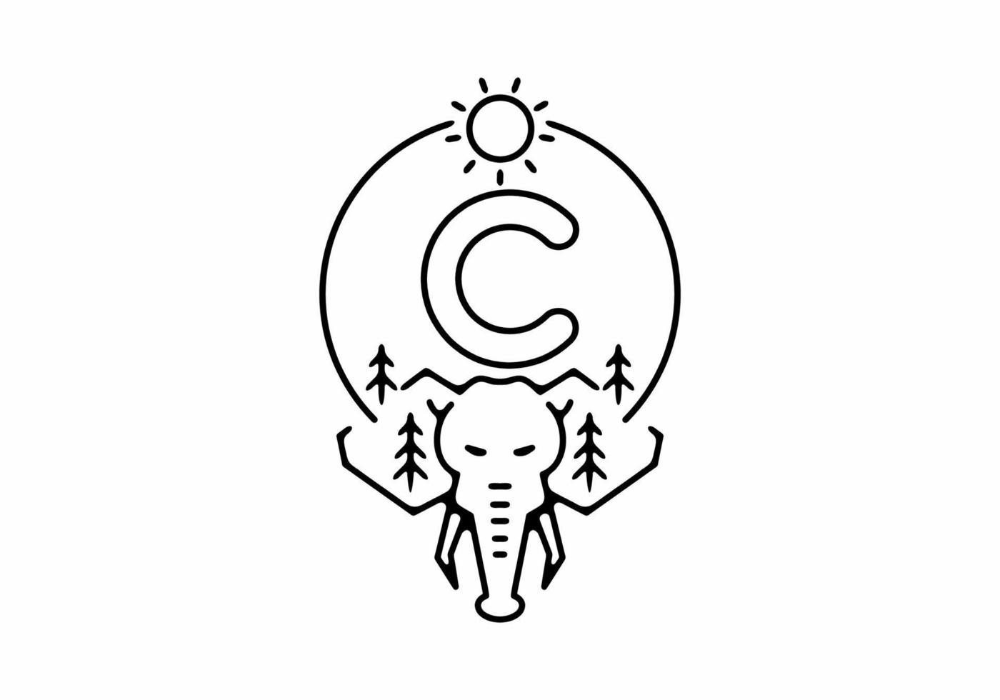 Black line art illustration of elephant head with C initial letter vector