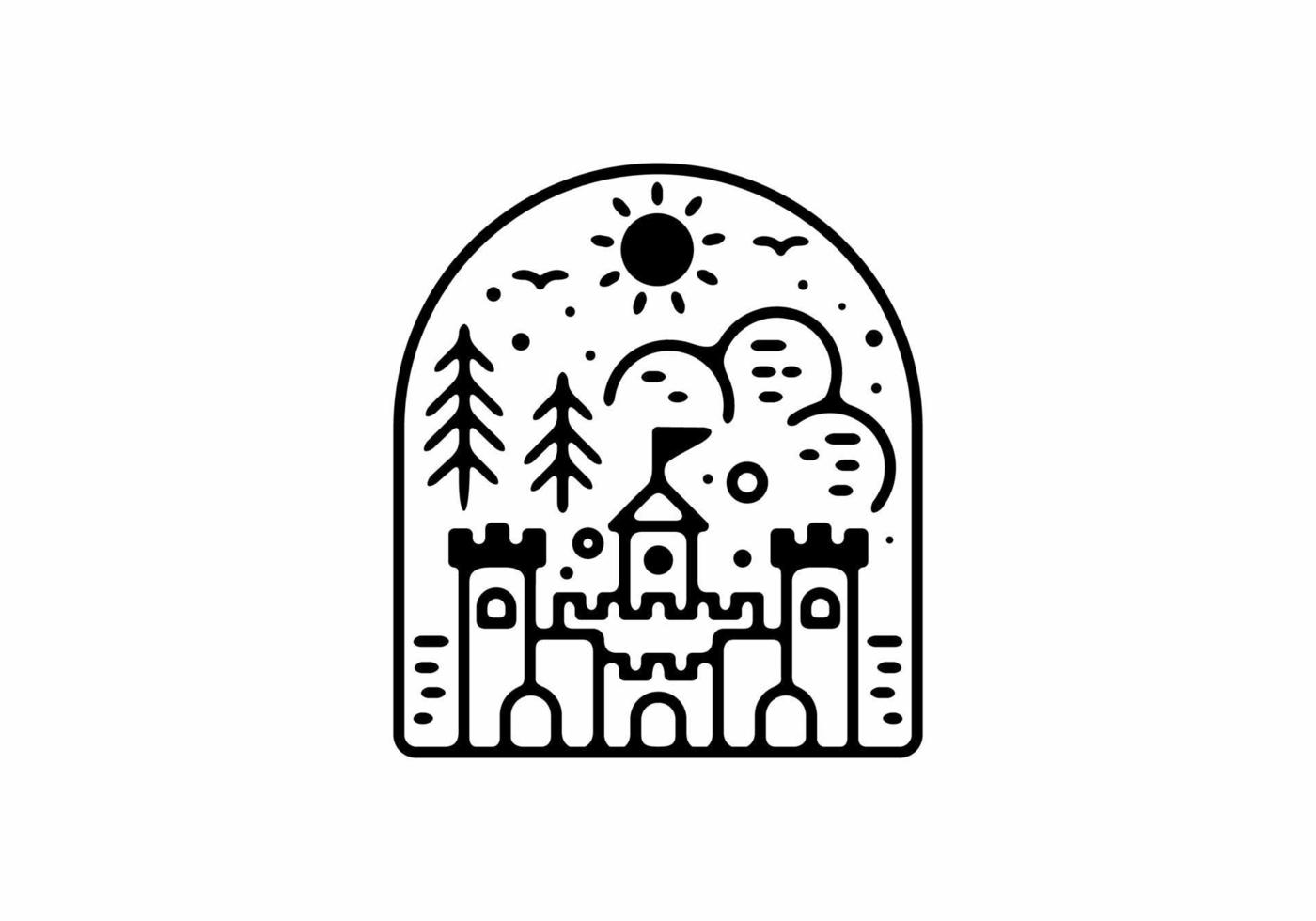 Black line art illustration of castle badge vector