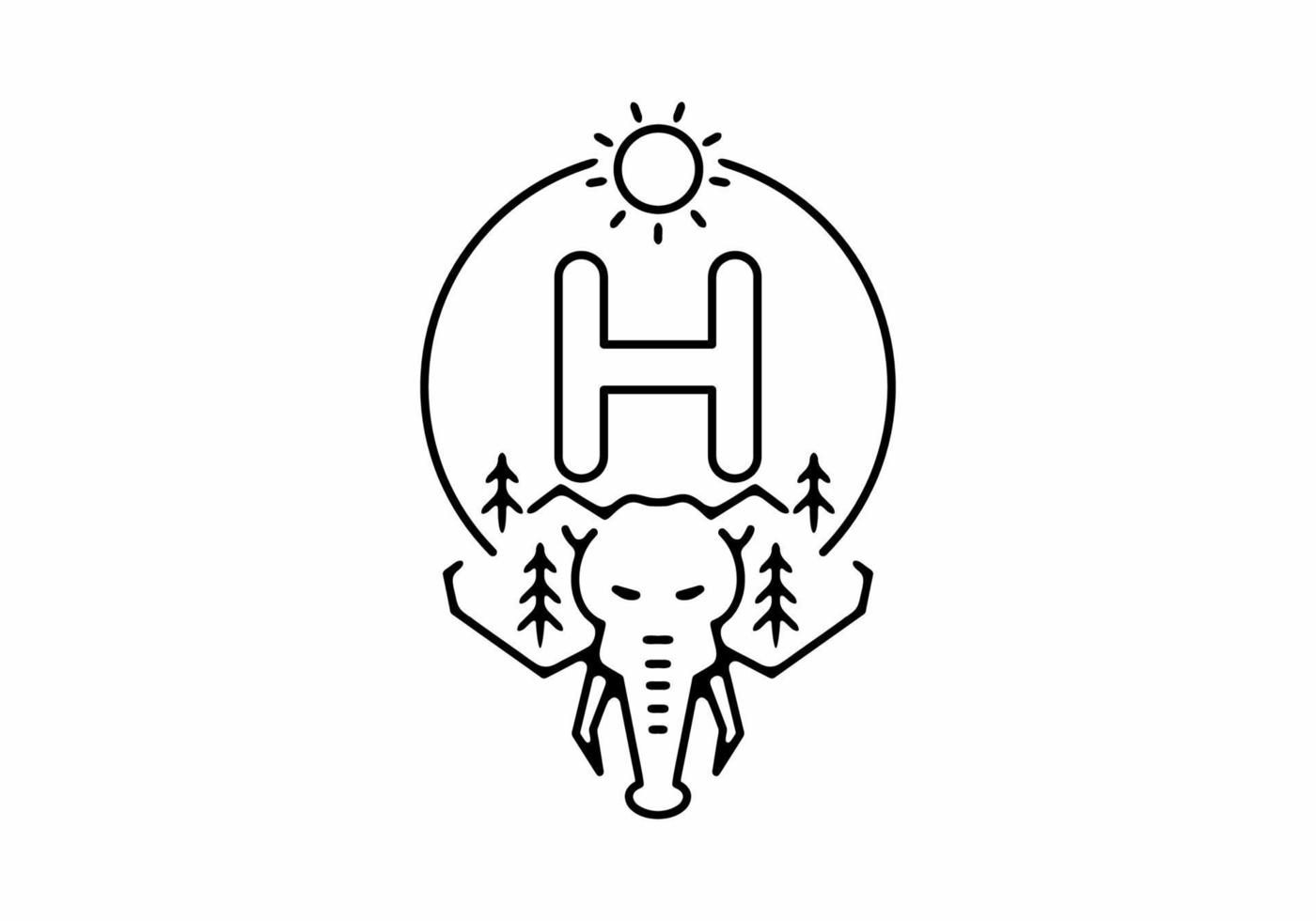 Black line art illustration of elephant head with H initial letter vector