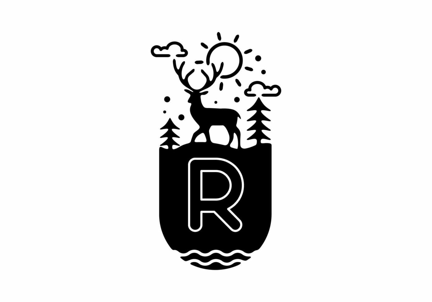 Black line art illustration of deer badge with R initial name in the middle vector