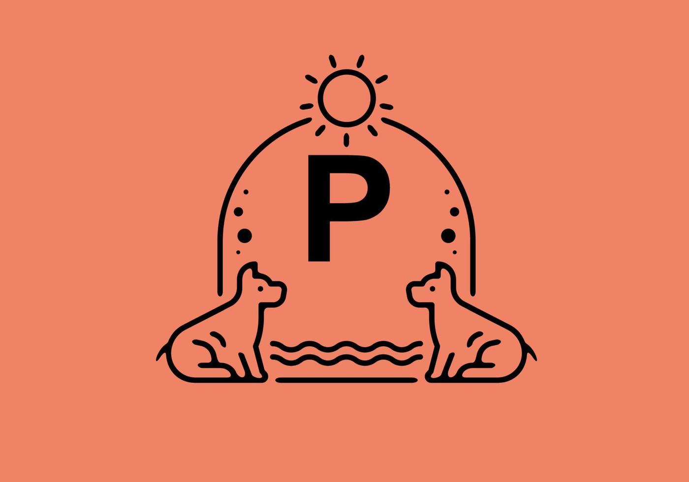Black line art illustration of P initial letter in dog pet frame vector