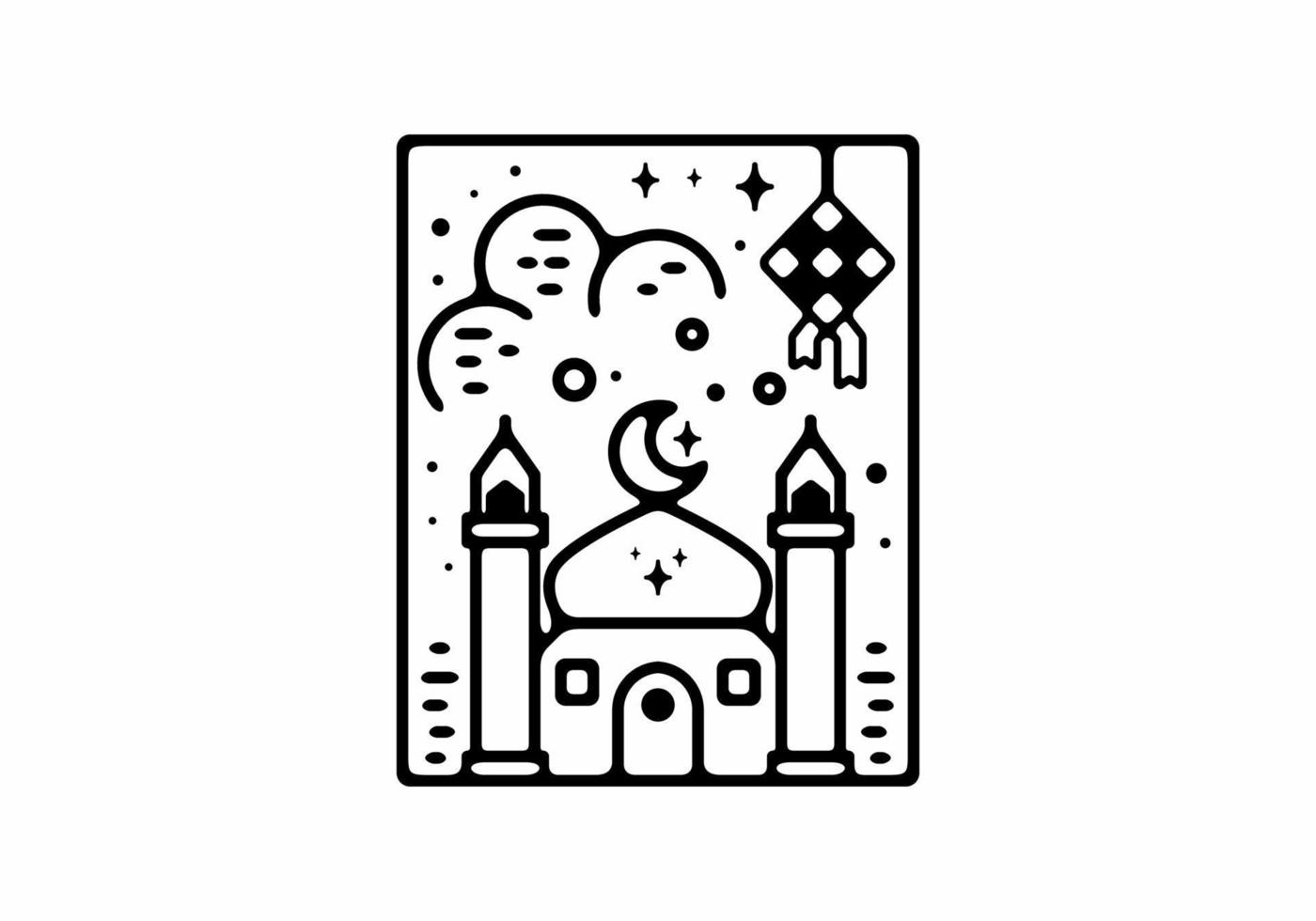 Black line art illustration of mosque in ramadan theme vector