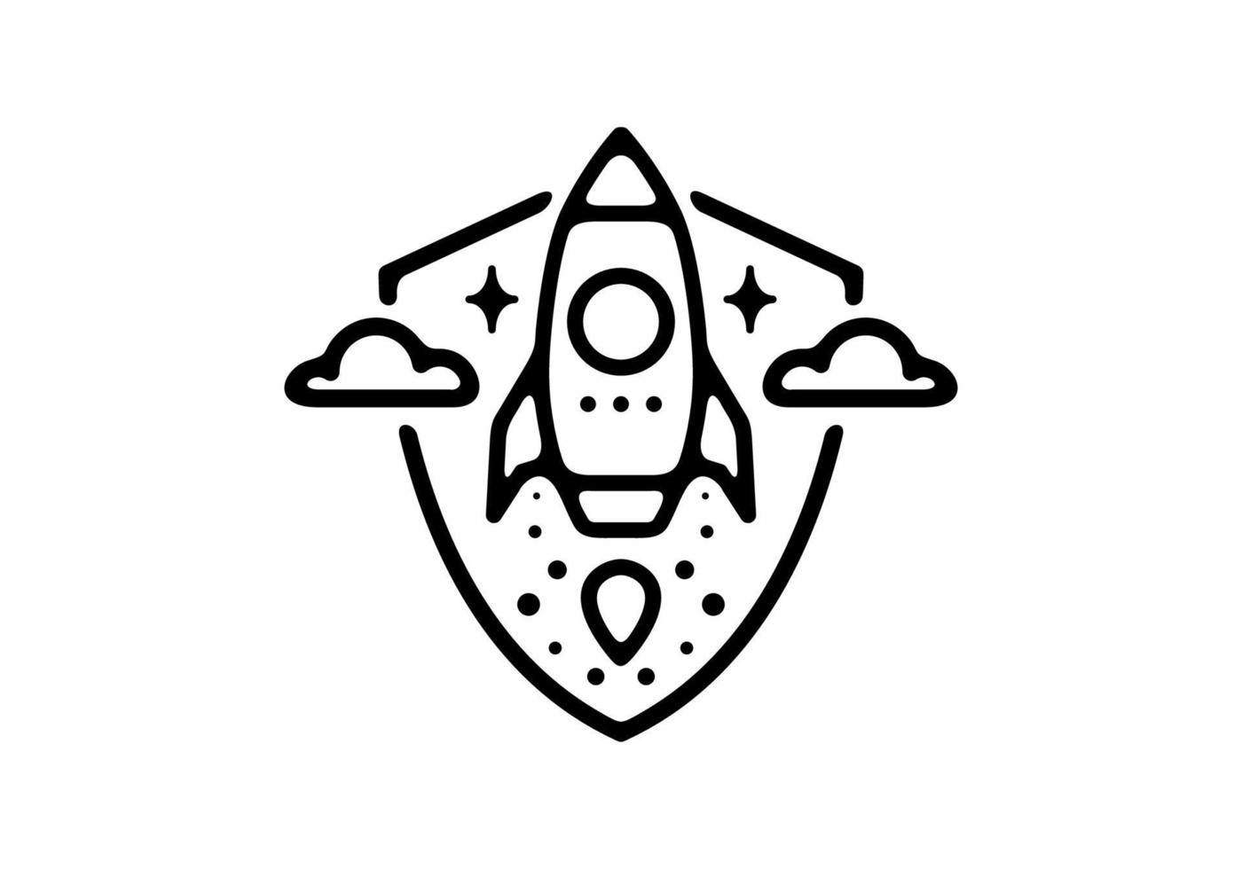 Black line art illustration of rocket in shield shape vector