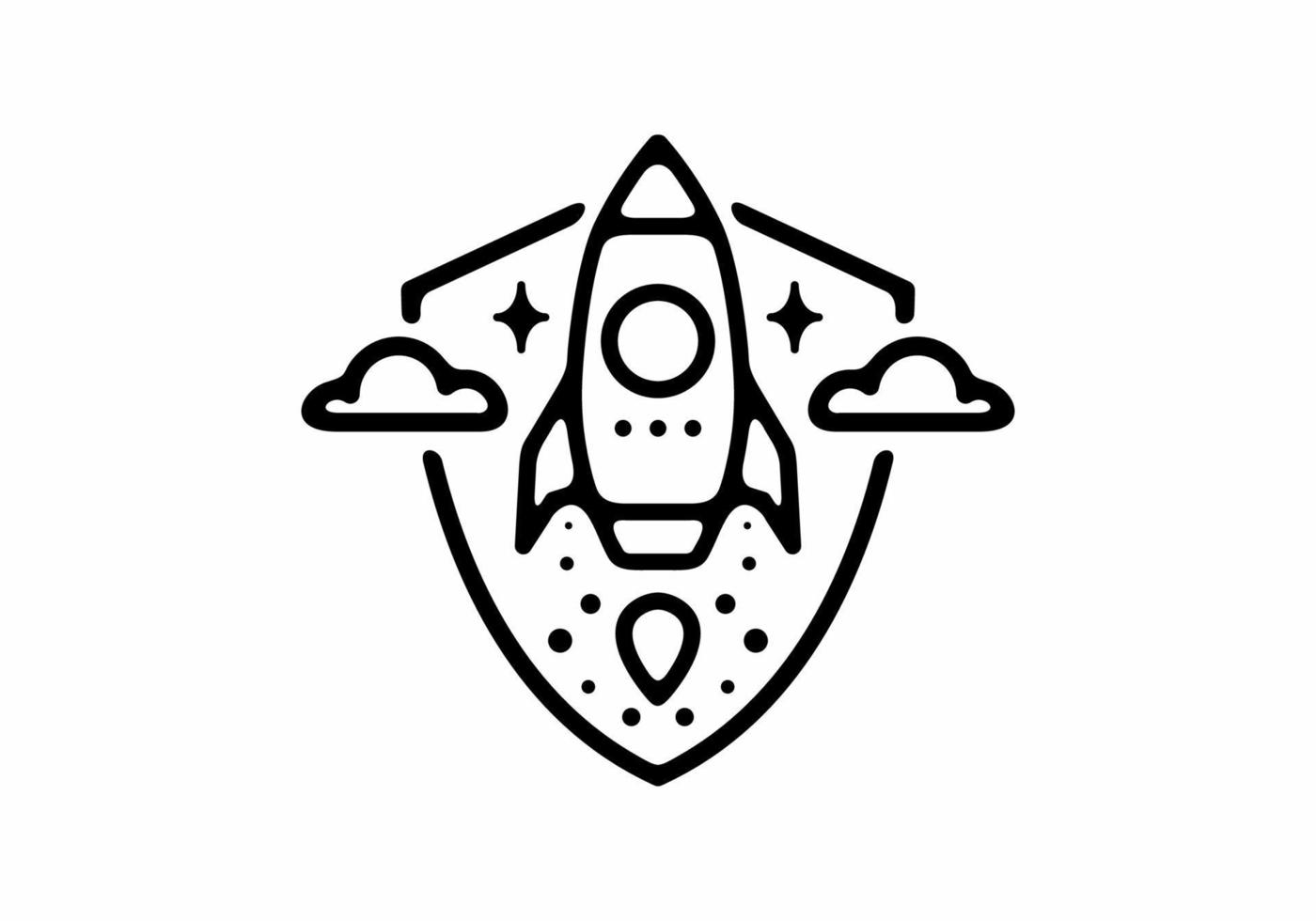 Black line art illustration of rocket in shield shape vector