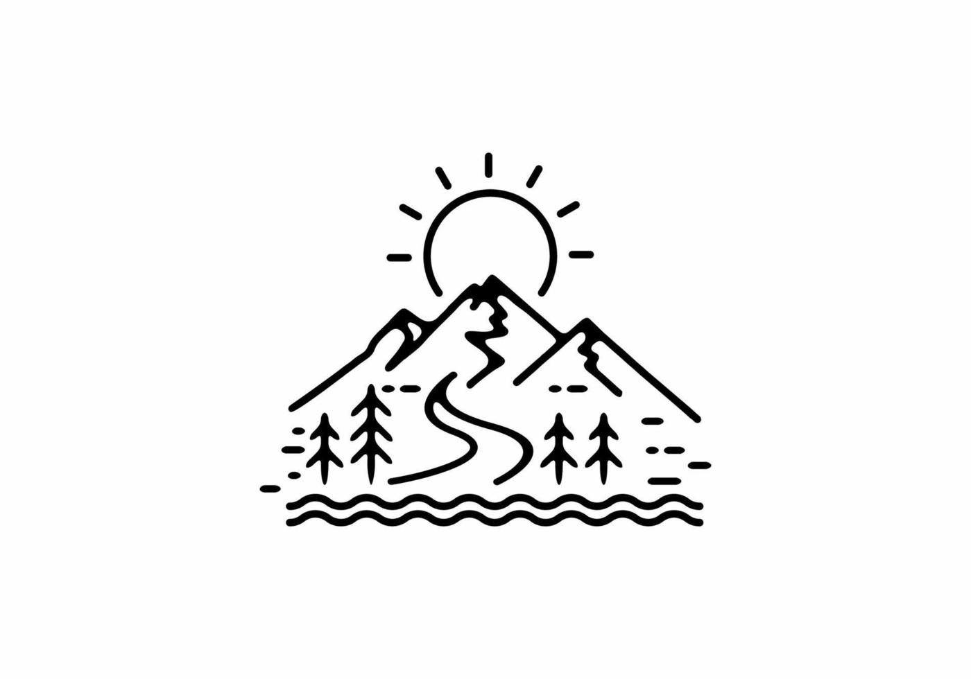 Black line art illustration of mountain landscape vector