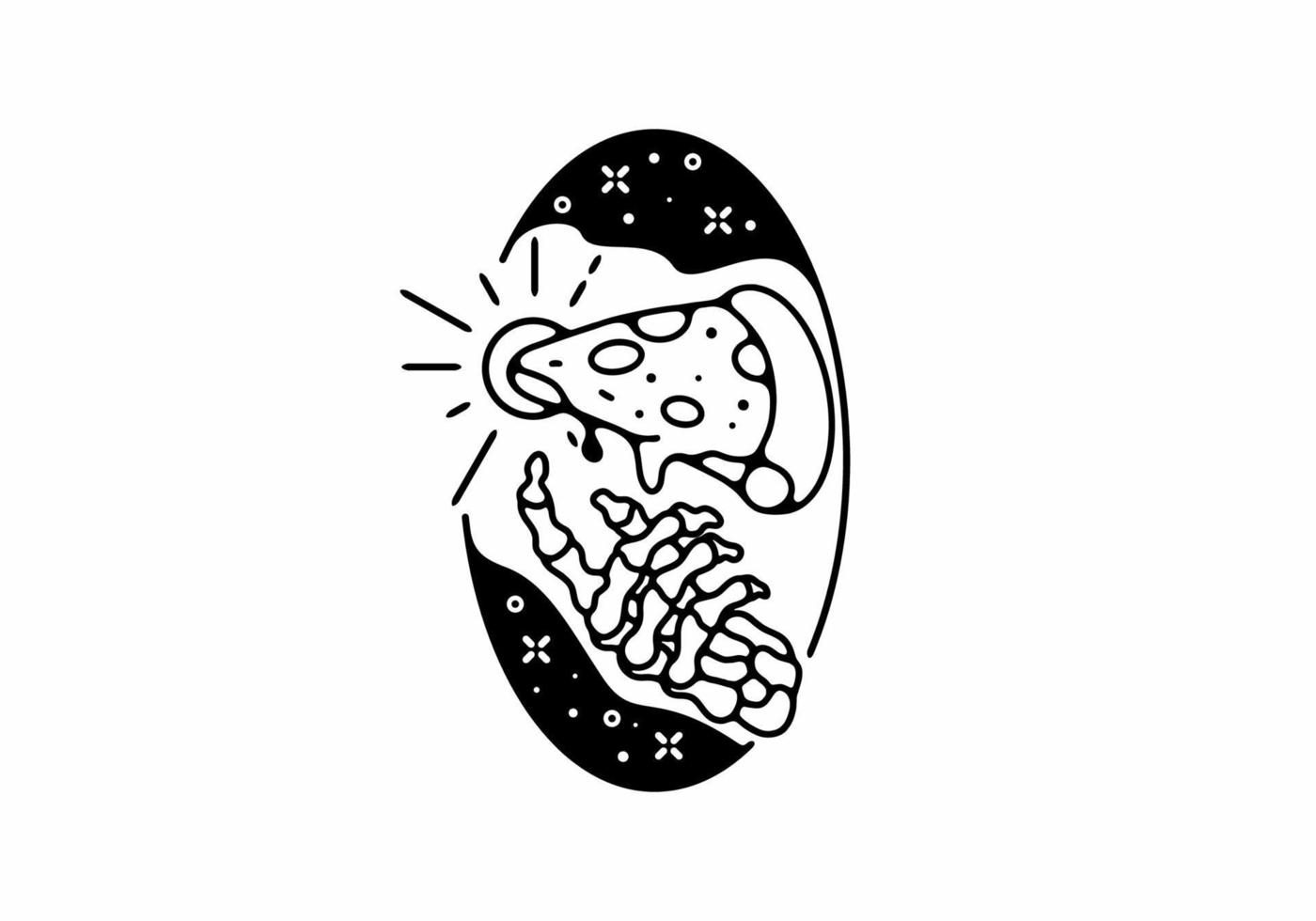 Black line art illustration of skeleton hand and pizza vector