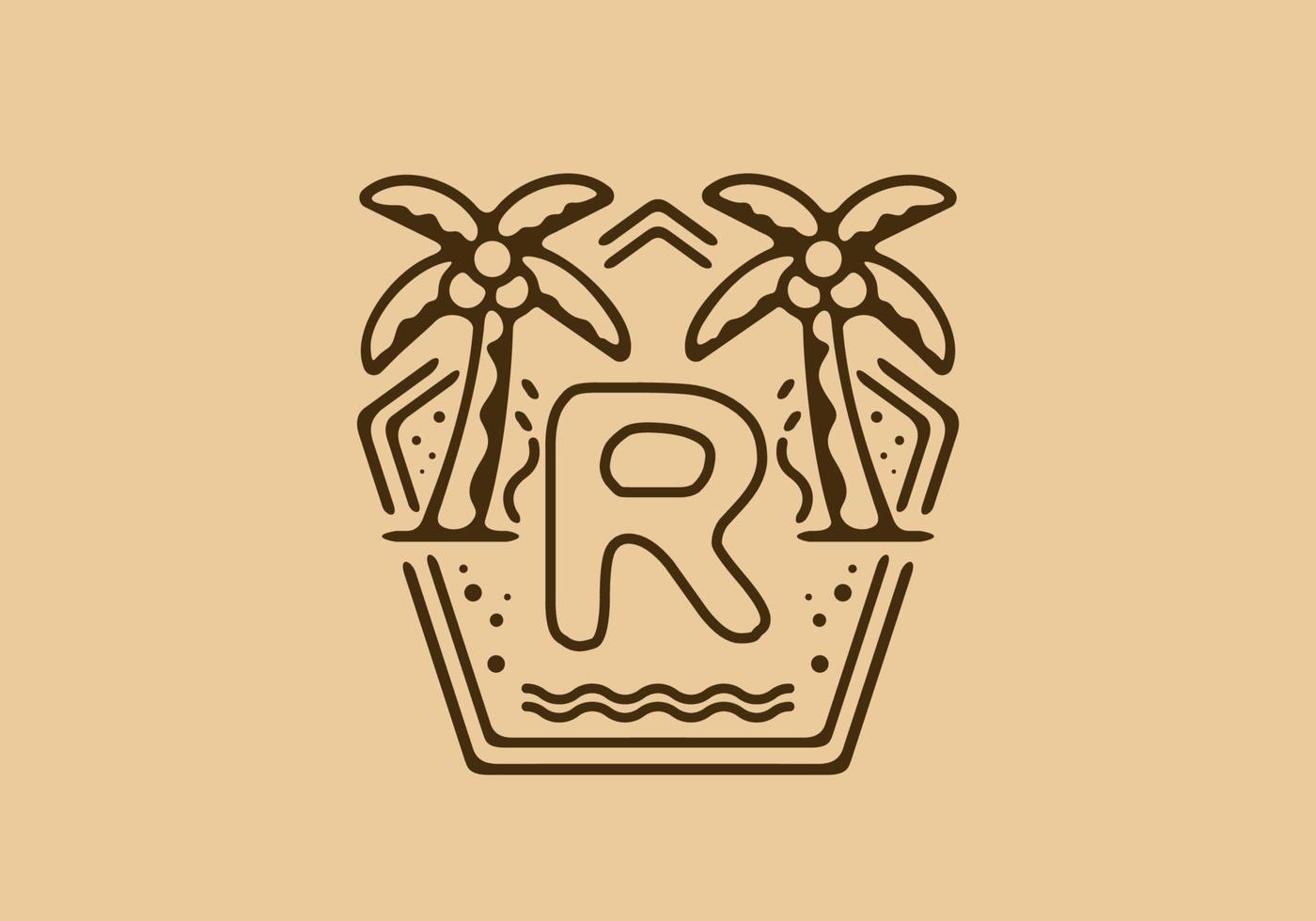Bright and dark brown color of R initial name in beach theme frame vector