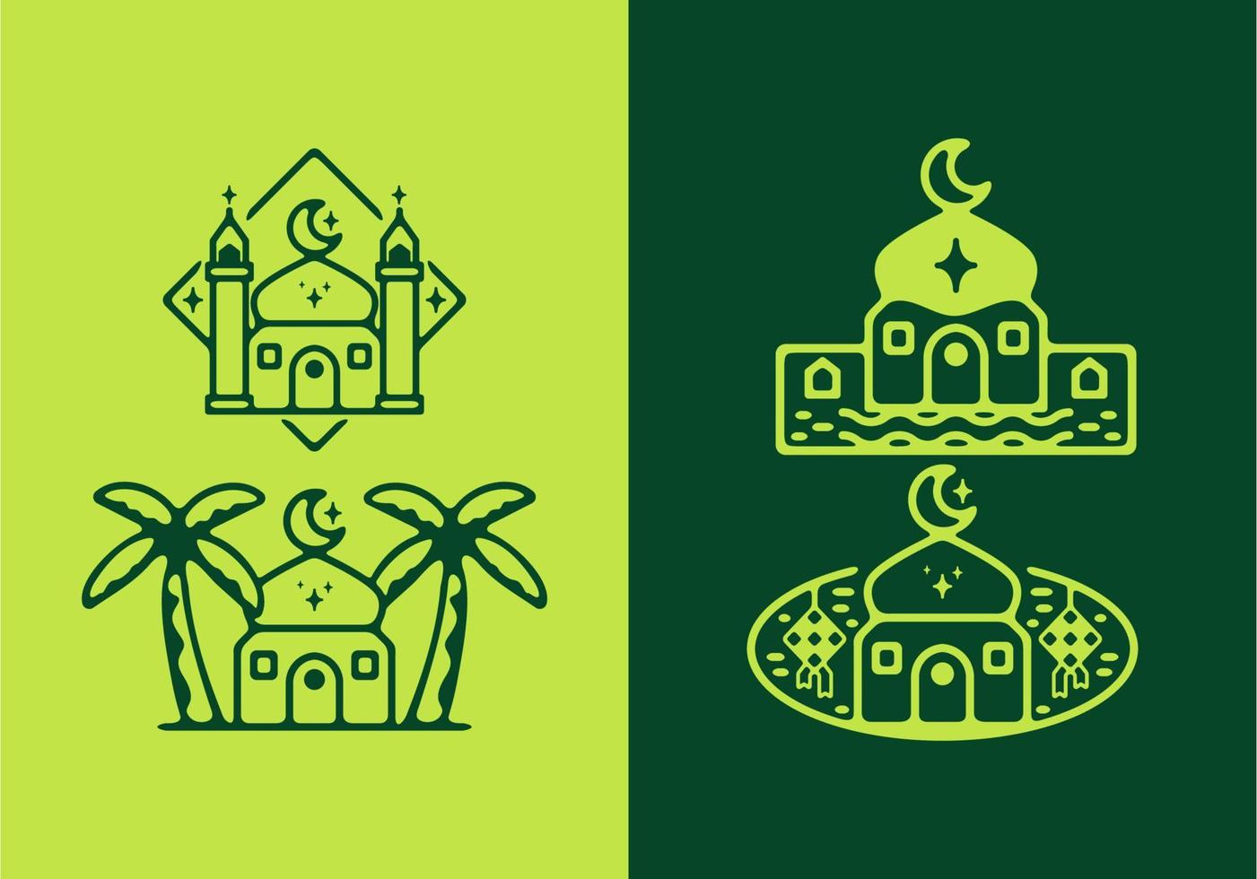 Bright and dark green color of ramadan mosque set vector