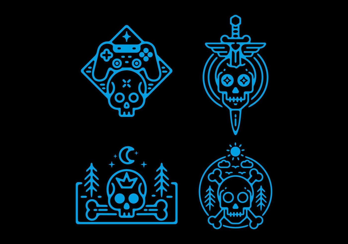 Bright blue of skull line art badge illustration in dark background vector