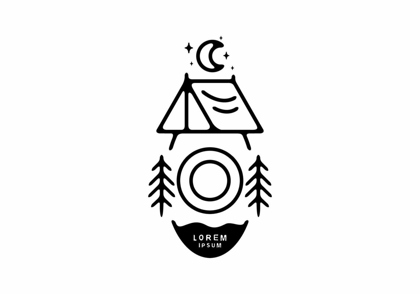 Black line art illustration of camping tent badge with O letter vector