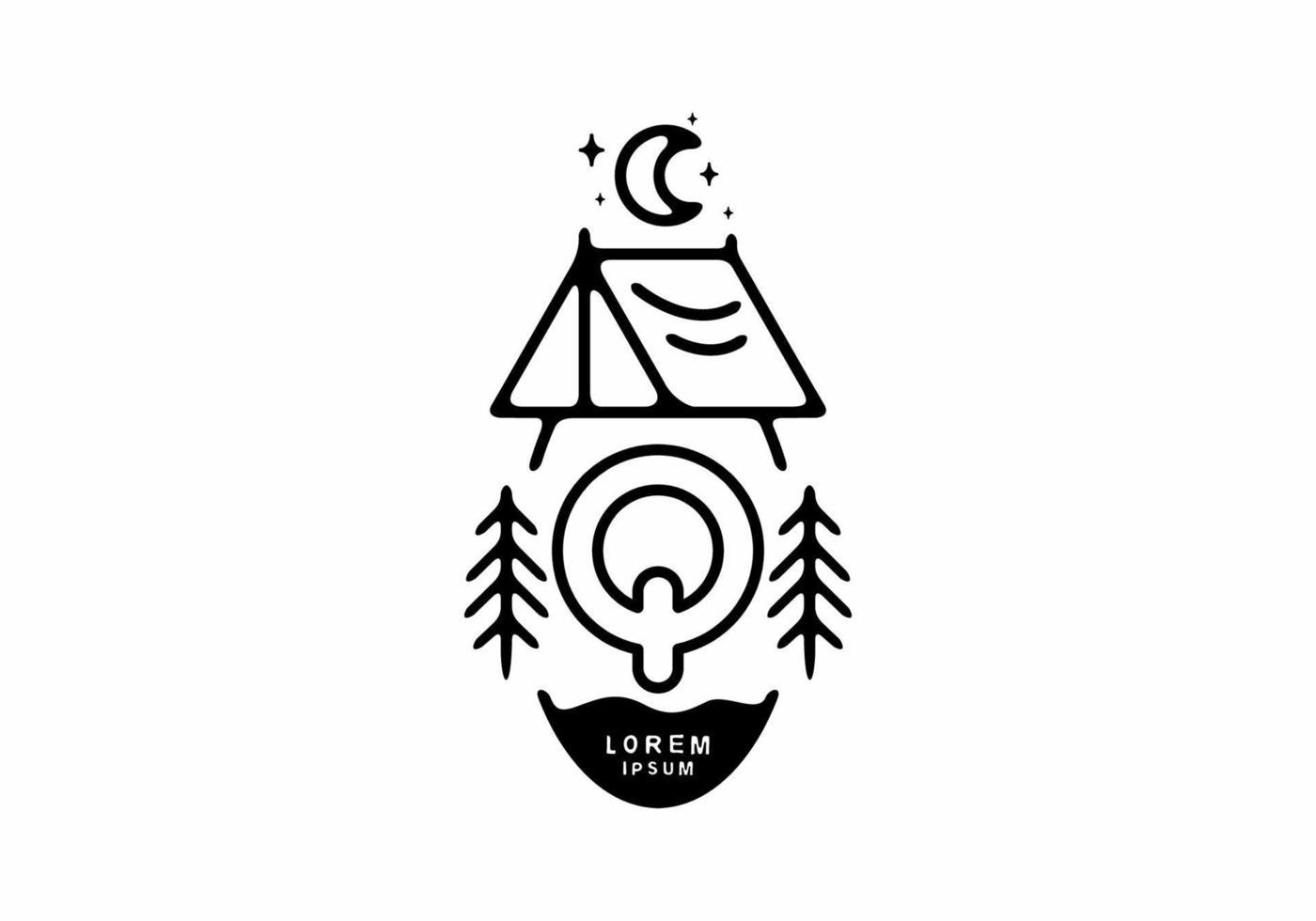 Black line art illustration of camping tent badge with Q letter vector