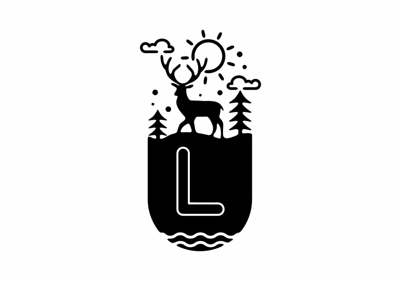 Black line art illustration of deer badge with L initial name in the middle vector