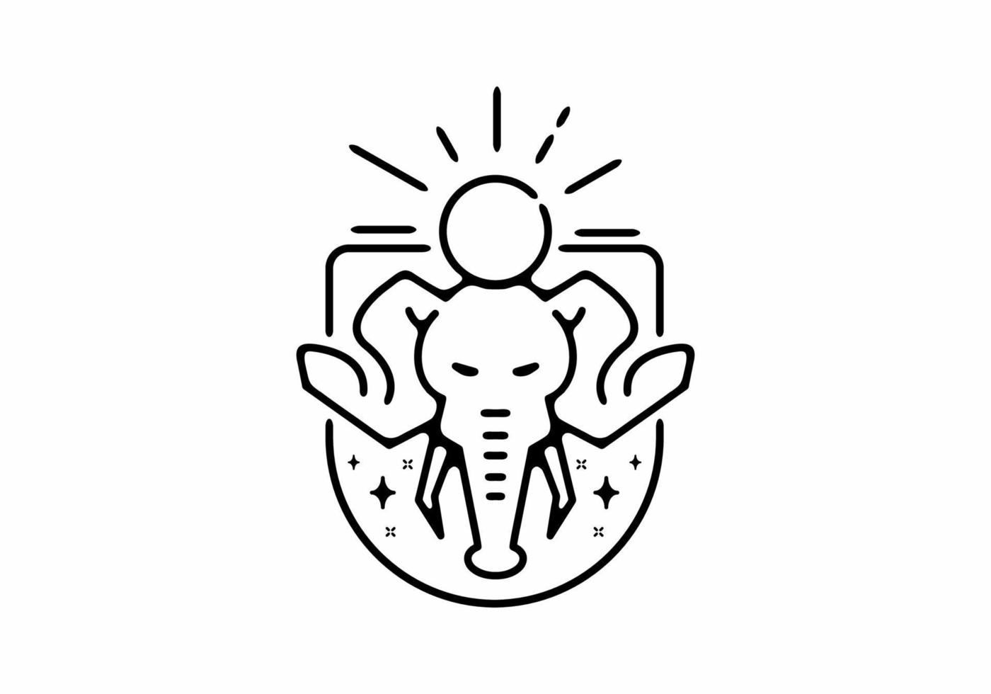 Black line art illustration of elephant head and sun vector