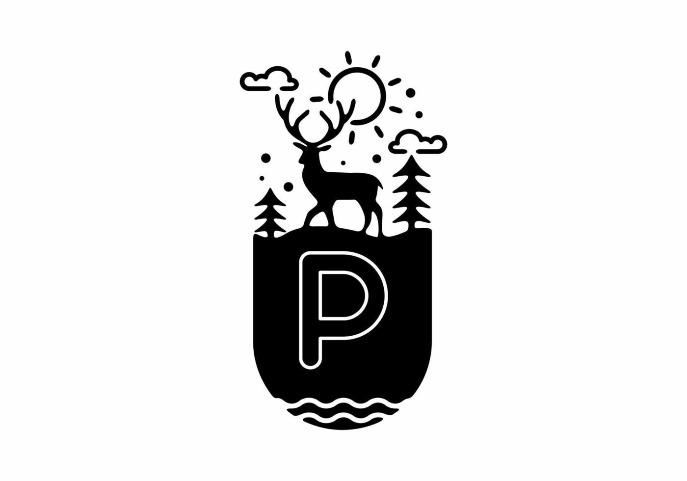 Black line art illustration of deer badge with P initial name in the middle vector