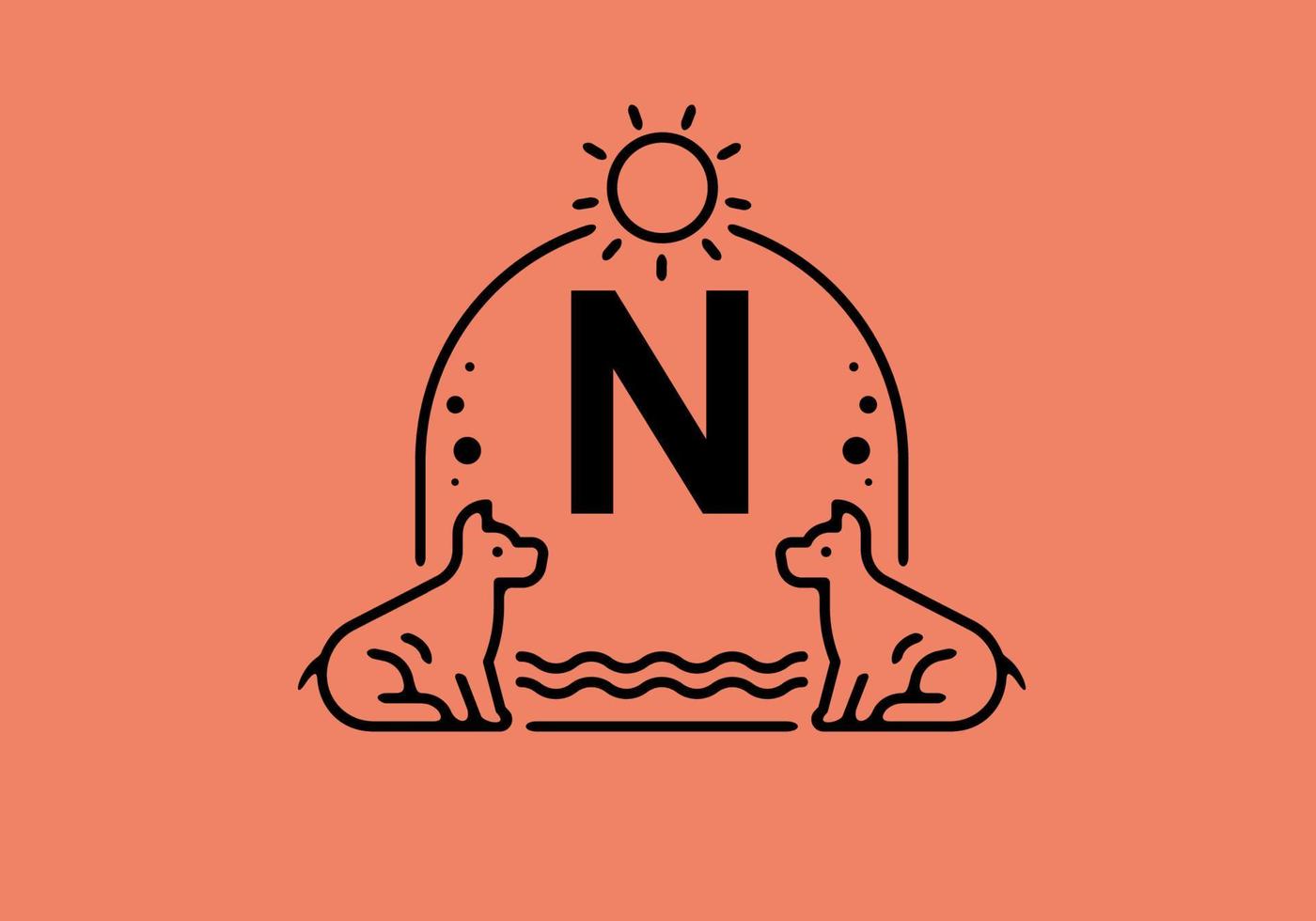 Black line art illustration of N initial letter in dog pet frame vector