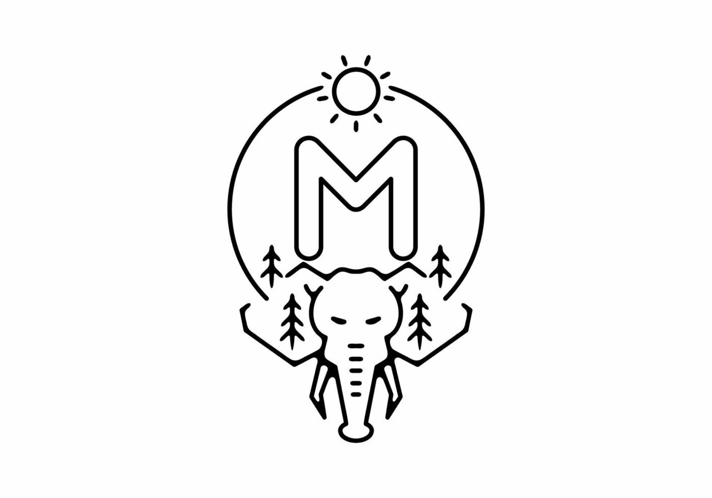 ilustración de arte de línea negra de cabeza de elefante con letra inicial m vector