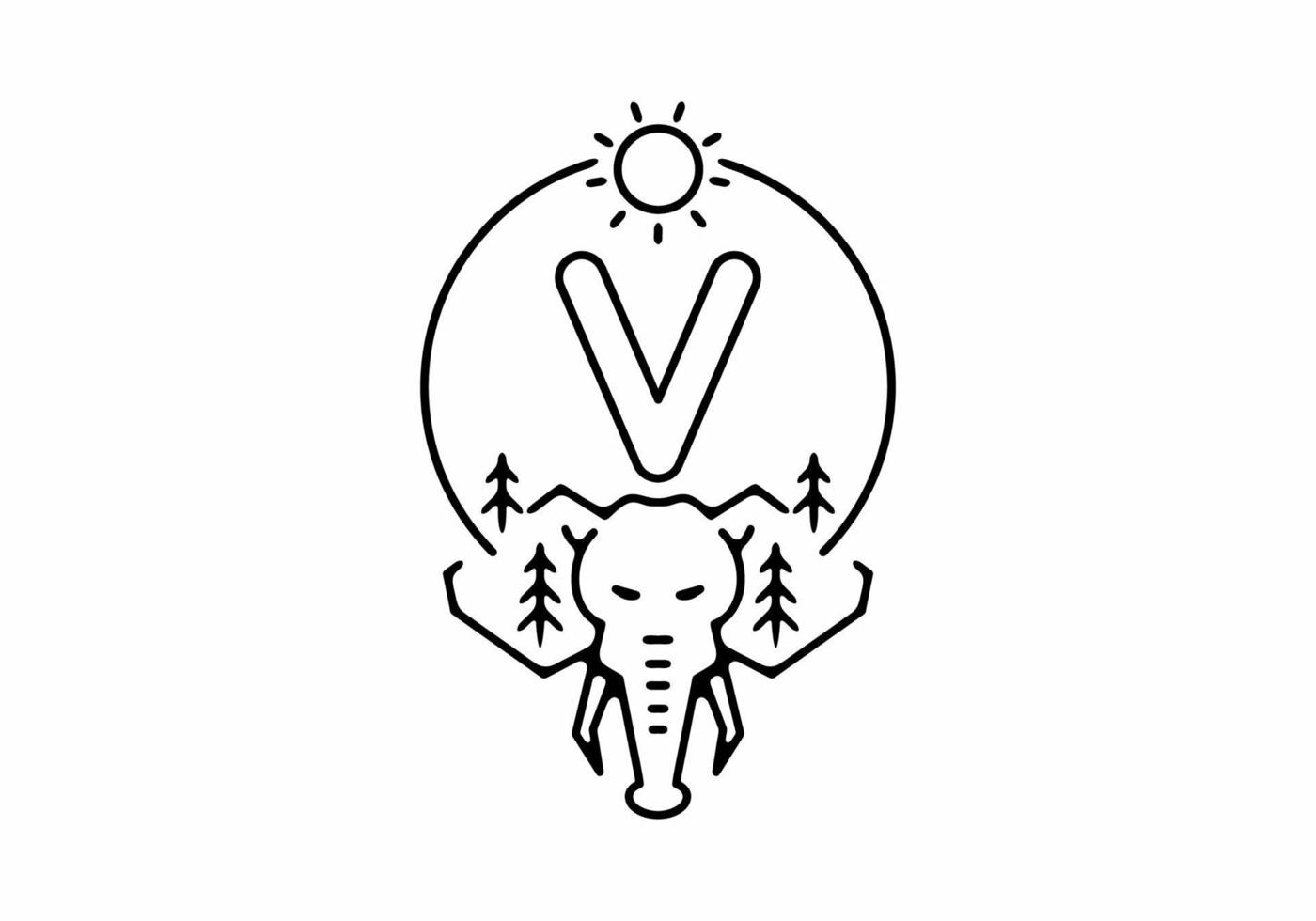 Black line art illustration of elephant head with V initial letter vector