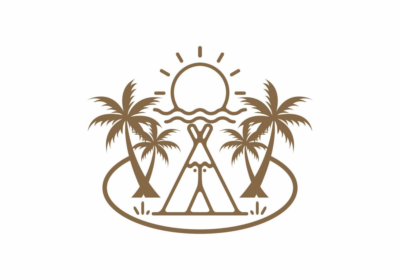 Brown color line art of camping text and coconut tree vector
