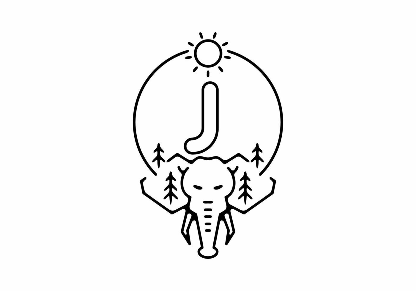 Black line art illustration of elephant head with J initial letter vector