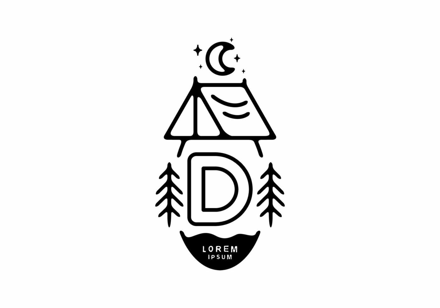 Black line art illustration of camping tent badge with D letter vector