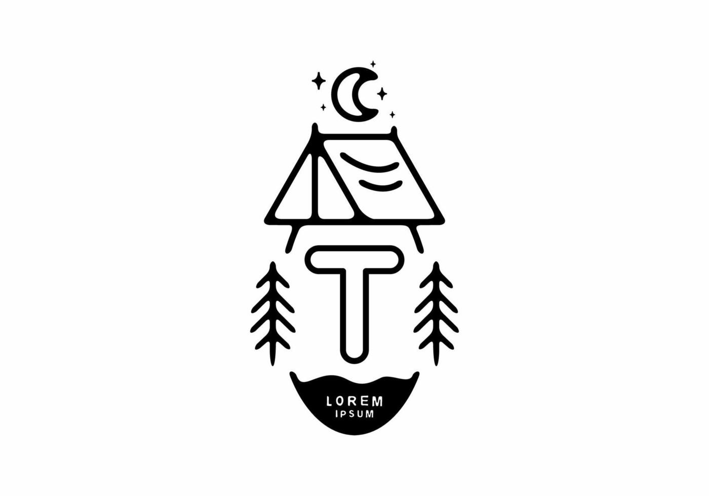 Black line art illustration of camping tent badge with T letter vector