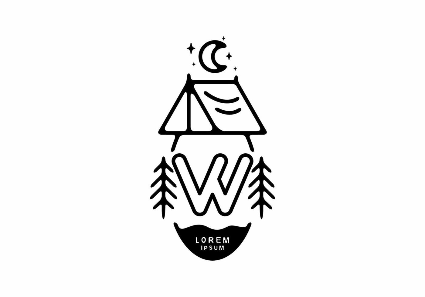 Black line art illustration of camping tent badge with W letter vector