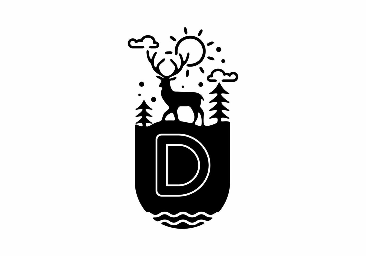 Black line art illustration of deer badge with D initial name in the middle vector