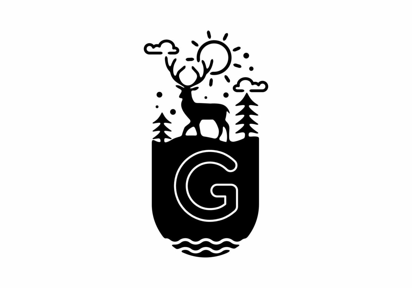 Black line art illustration of deer badge with G initial name in the middle vector