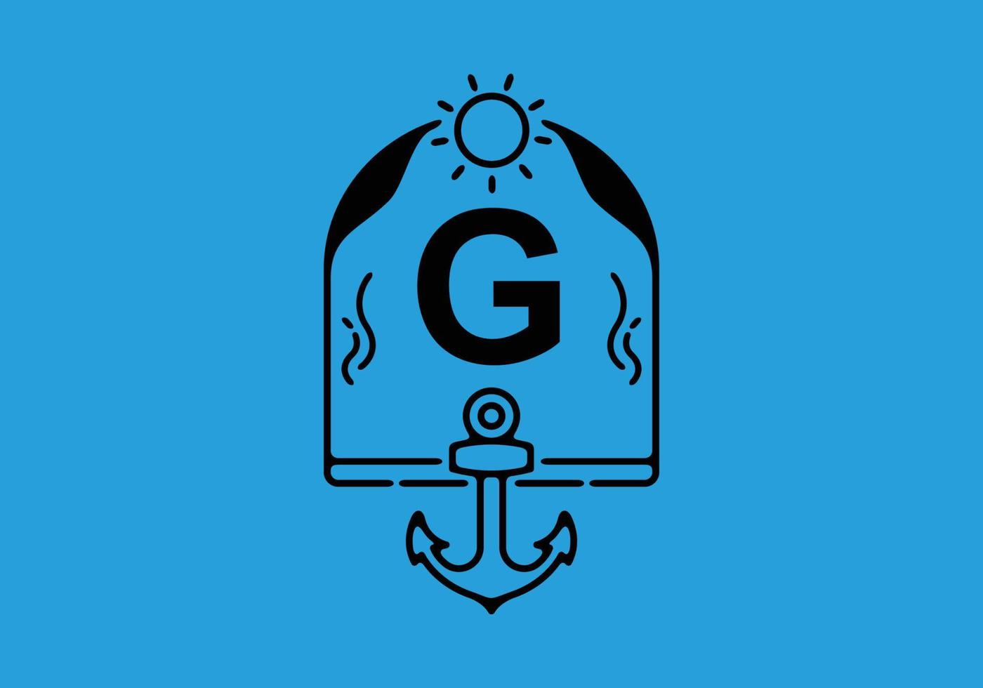 Black line art illustration of G initial letter in anchor frame vector