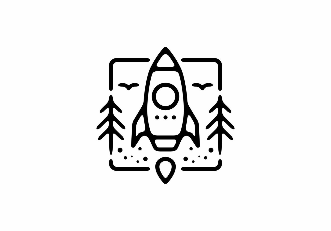 Black line art illustration of flying rocket in square shape vector
