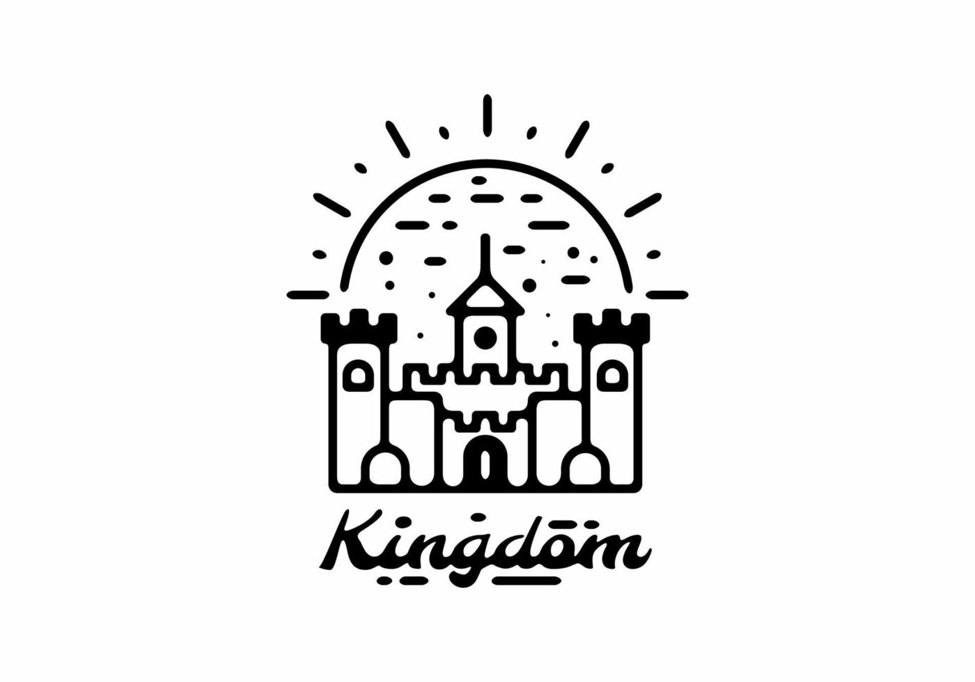 Black line art illustration of kingdom building with big sun vector