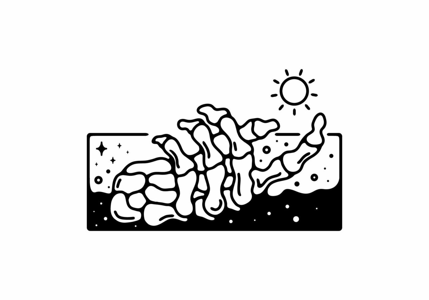 Black line art illustration of one human skeleton hand holding the sun vector